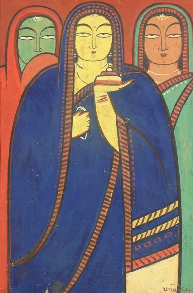JAMINI ROY INDIAN 1887-1972: Three Women , Tempera on cardboard , 21 1/2 x 14 5/8 in (54.6 x 37.3 cm) , signed lower right, PROVENANCE: From a private collector who inherited the artwork from a family member. This painting was pu