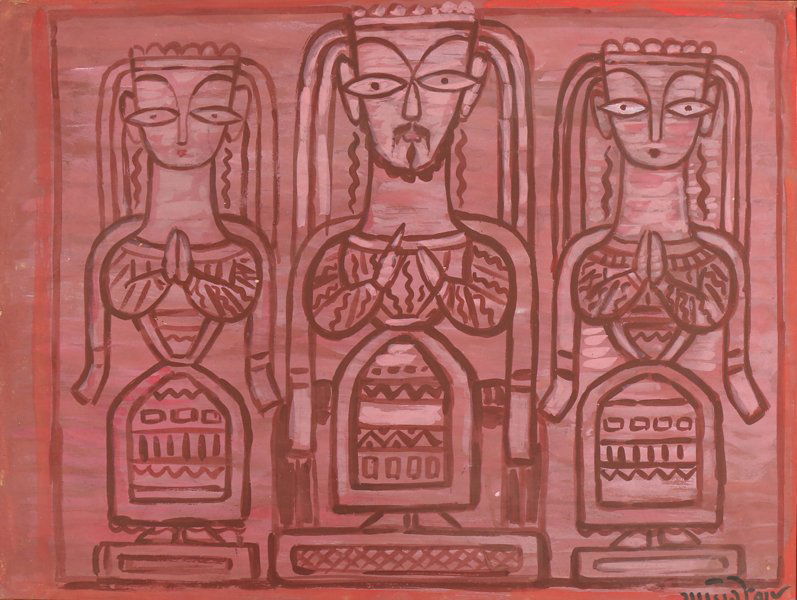 JAMINI ROY INDIAN 1887-1973: King withTwo Maidens , tempera on canvas board , 17 1/2 x 13 3/8 in (44.5 x 34 cm) , signed lower right, PROVENANCE: From a private collector who inherited the artwork from a family member. This paint