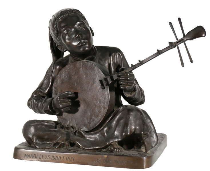 NA DUC THUC VIETNAMESE: Young Boy Playing Music , bronze with brown patina , signed on base 1 1/2 H x 10 1/4 L x 10 in D (29.2 x 26 x 25.4 cm),"Hanoi Le 25 Juillet 1913", foundry stamp on back of "Fondrie Ishikawa" PROVENANC