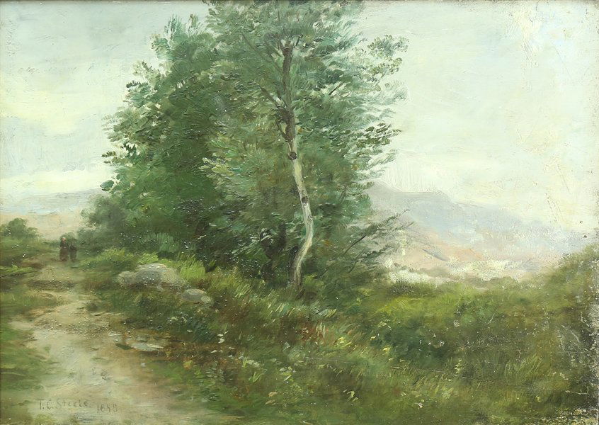 THEODORE CLEMENT STEELE AMERICAN 1847-1926: Landscape with Travelers Along the Path, oil on panel, 9 5/8 x 13 1/2 in (24.4 x 34.3 cm), signed lower left, dated 1898