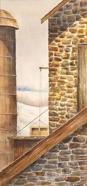 GEORGE COPELAND AULT AMERICAN 1891-1948: Silo , watercolor , 20 x 9 1/2 in (50.8 x 24.1 cm) , signed lower left, dated 1939