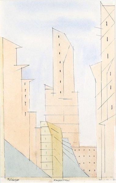LYONEL FEININGER AMERICAN 1871-1956: Manhattan (1952) , watercolor, pen and ink , 16 X 10 in (40.6 x 25.4 cm) , signed lower left and titled lower middle collector, PROVENANCE: From a private collector who purchased it in 1973 in London