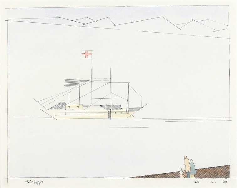 LYONEL FEININGER AMERICAN 1871-1956: "Red Cross Ship" dated April 16th , 1939, watercolor, pen and ink, 11 1/4 x 14 in (28.5 x 35.5 cm), signed lower right, PROVENANCE: From a private collector who purchased it in 1973 in London and pass