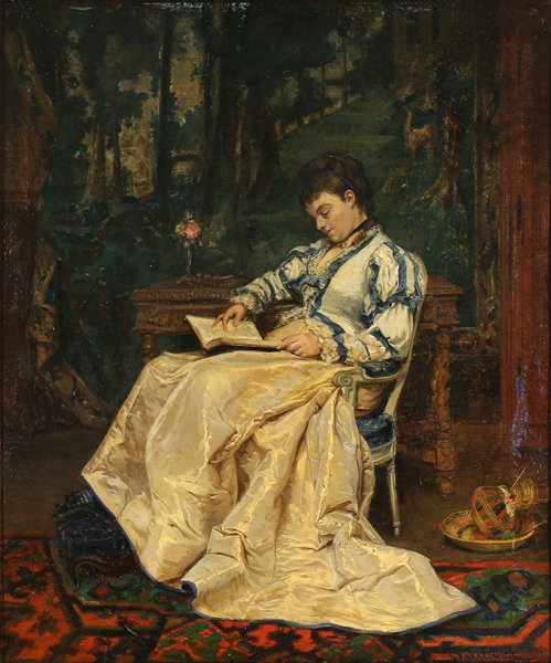 LADISLAUS BAKALOWICZ (POLISH/FRENCH 1833-1904): "Elegant Woman Reading", oil on canvas, 23 1/5 x 18 9/10 in (59 x 48 cm), signed lower right, PROVENANCE From a private collector in Chicago, IL