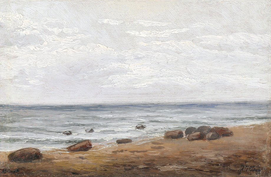 LEV FELIXOVICH LAGORIO (RUSSIAN 1827-1905): "Seascape", oil on canvas, 6 9/10 x 10 in (17.5 x 25.5 cm), signed lower right, PROVENANCE: Property of a private collector in New York