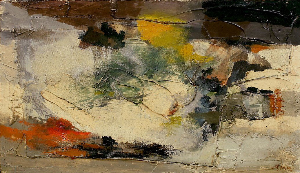 SEONG MOY CHINESE/AMERICAN B.1921: Fragments on the Shore , oil on painted canvas laid on masonite , 6 1/2 x 10 3/4 in (16.5 x 27.3 cm) , signed lower right, titled verso and also indicates the name of the artist, PROVENANCE: From the