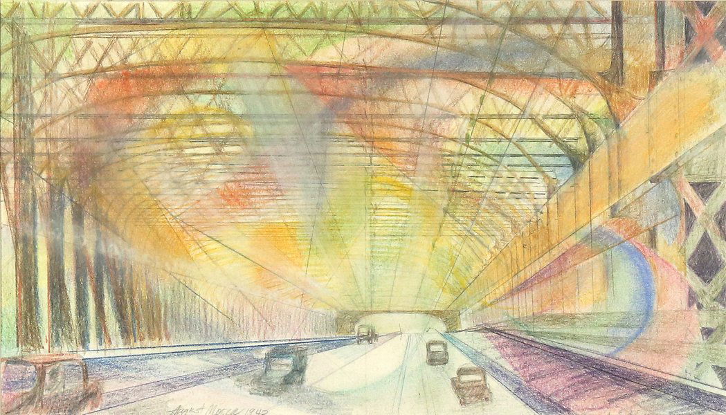 AUGUST MOSCA AMERICAN 1909-2002: Queensboro Bridge, 1943 , mixed media, colored pencil and graphite , 9 x 14 in (22.8 x 35.5 cm) , signed lower left Gallery labels verso