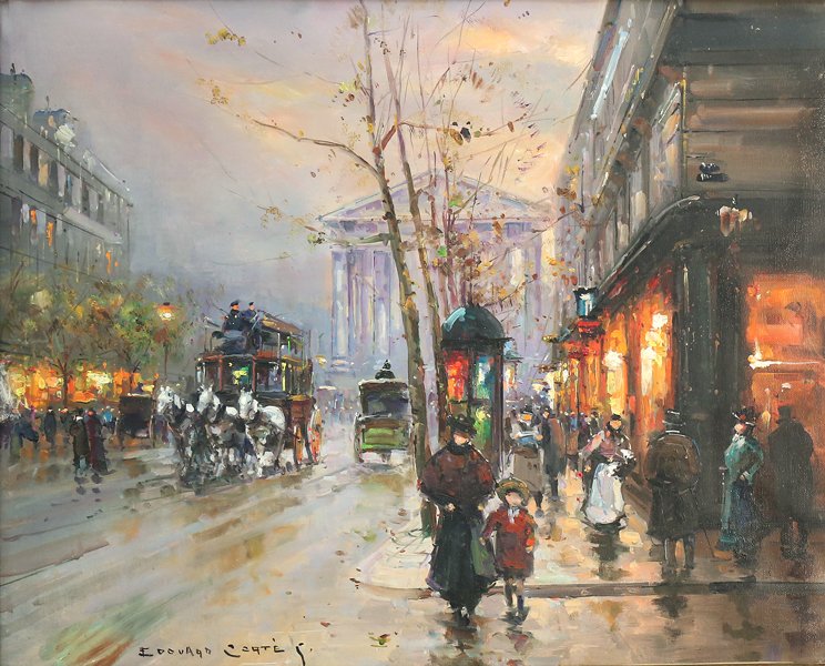EDOUARD LEON CORTES FRENCH 1882-1969: Rue Royale, Madeleine, circa 1954 , oil on canvas , 18 x 22 in (45.7 x 55.9 cm) , signed lower left PROVENANCE: A letter of authenticity from Klein Art Gallery will accompany this painting. See image 