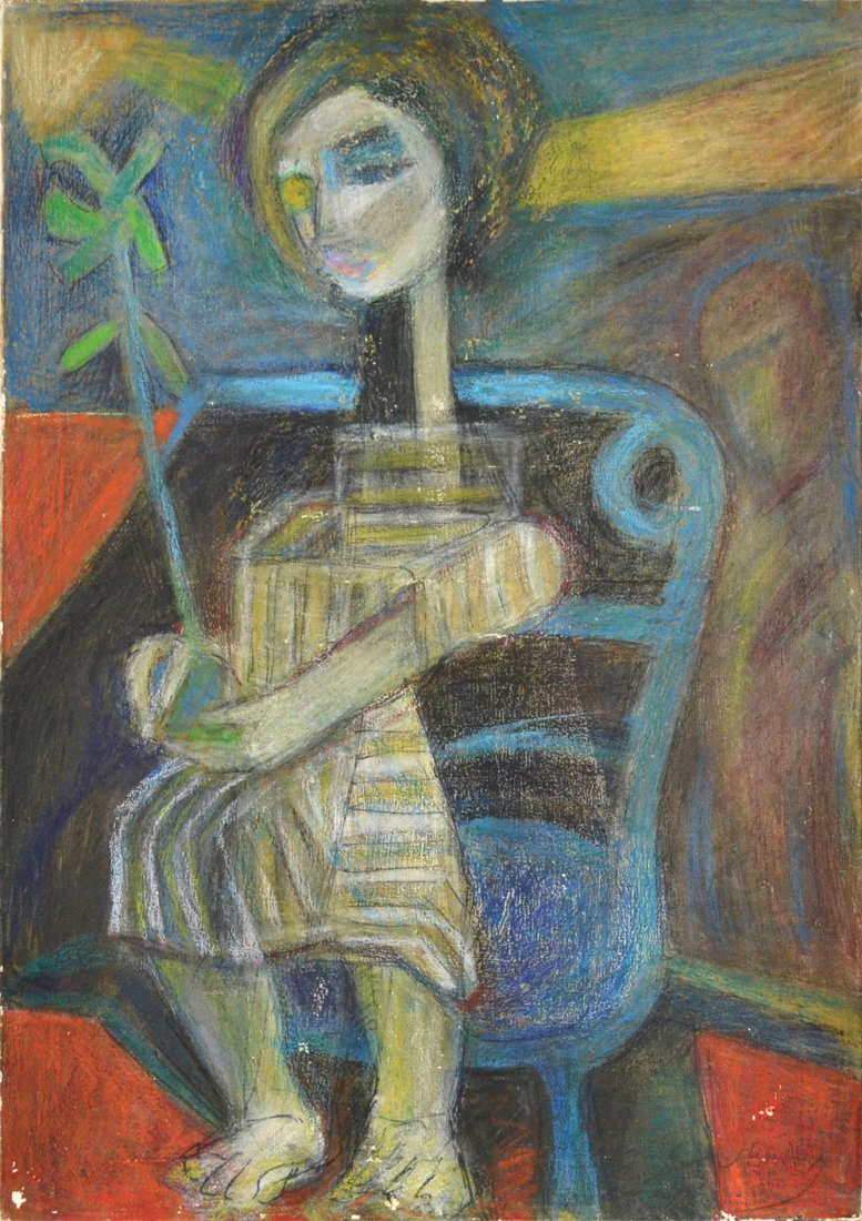 CLAUDE VENARD FRENCH 1913-1999: Figure Holding a Flower , mixed media (oil/oil crayon) , 22 5/8 x 18 1/8 in (57.5 x 46 cm) , signed lower right