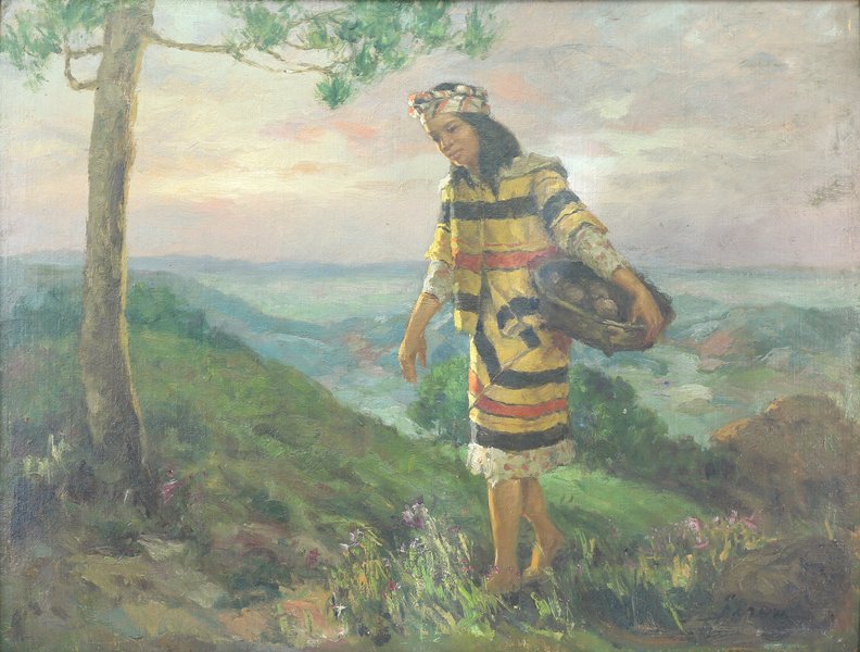 CESAR BUENAVENTURA FILIPINO 1922-1983: Young Woman with a Basket ,oil on canvas 27 5/8 x 22 in (70.1 x 55.8 cm), signed lower right