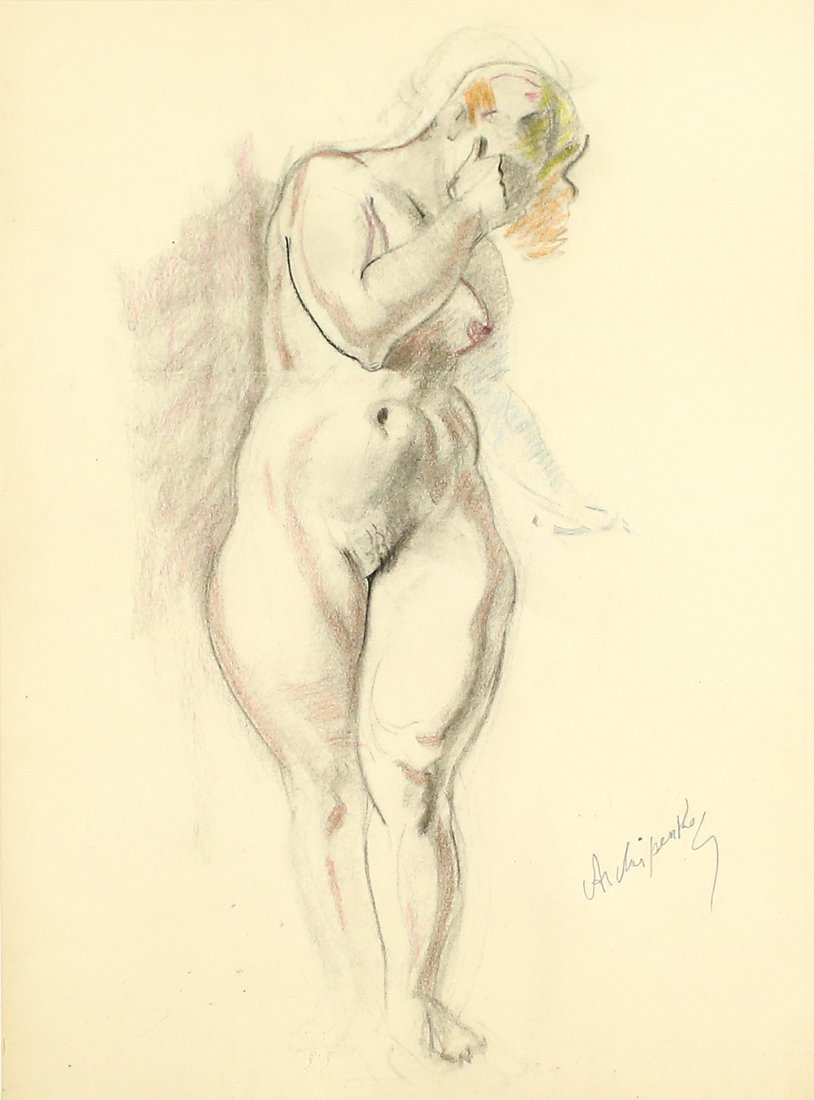 ALEXANDER ARCHIPENKO UKRAINIAN 1887-1964: Standing Woman, circa 1945, pencil and conte on paper, 13 x 9 1/2 in (33 x 24.1 cm) signed lower right, PROVENANCE: Gallerie Georges Giroux, Bruxelles label verso