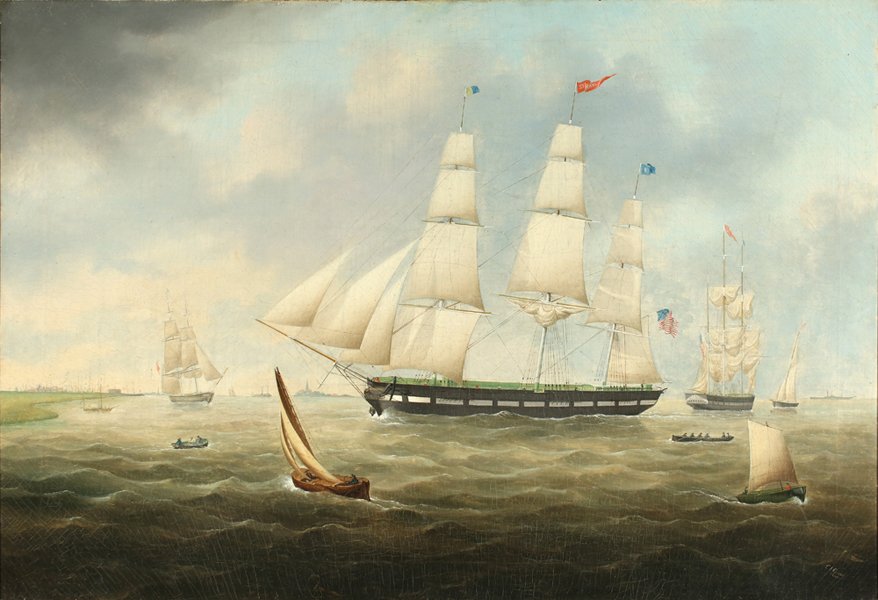 CARL JUSTUS FEDELER GERMAN 1799-1858: Bremerhaven, Germany, oil on canvas, 28 1/2 x 42 in (72.4 x 106.6 cm), signed lower right and dated 1841, copy of Lloyds register identifying the vessel as a United States ship named Logan leaving Bos