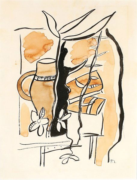 FERNAND LEGER FRENCH 1881-1955: Nature Morte Au Pot De Fleurs (circa 1951 , watercolor and ink on paper, 11 x 8 1/4 in (27.9 x 20.9 cm), signed lower right PROVENANCE: Sotheby's, NY paid invoice is attached verso . From a private co