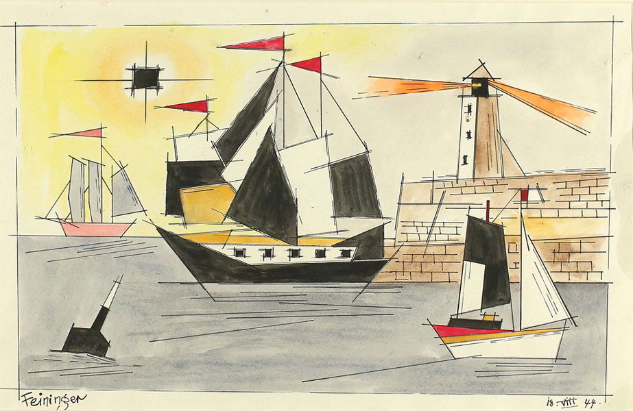 LYONEL FEININGER GERMAN/AMERICAN 1871-1956: Harbor with Lighthouse, watercolor and pen, 9 1/2 x 14 in (24.1 x 35.6 cm), signed lower left, dated 18.viii 44