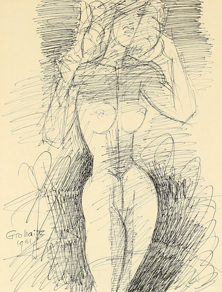 MARCEL GROMAIRE FRENCH 1892-1971: Le Febre; Nude Drawing, 1961, pen and ink on paper, 12 5/8 x 9 5/8 in (44.4 x 29.8 cm), signed and dated lower left, PROVENANCE: The Lefevre Gallery , London label verso, From the estate of Charlotte 