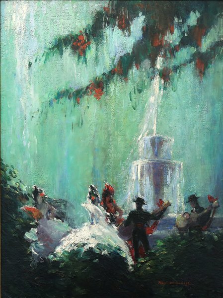 ROBERT LEE ESKRIDGE AMERICAN 1891-1975: Dancer by the Fountain, oil on board, 27 3/4 x 20 1/2 in (70.4 x 52 cm),
