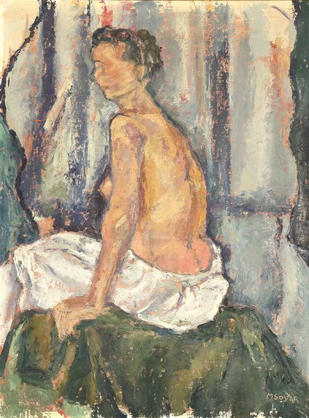 MOSES SOYER AMERICAN 1899-1974: Seated Nude, oil on canvas board, 24 x 18 in (61 x 45.7 cm), signed lower right
