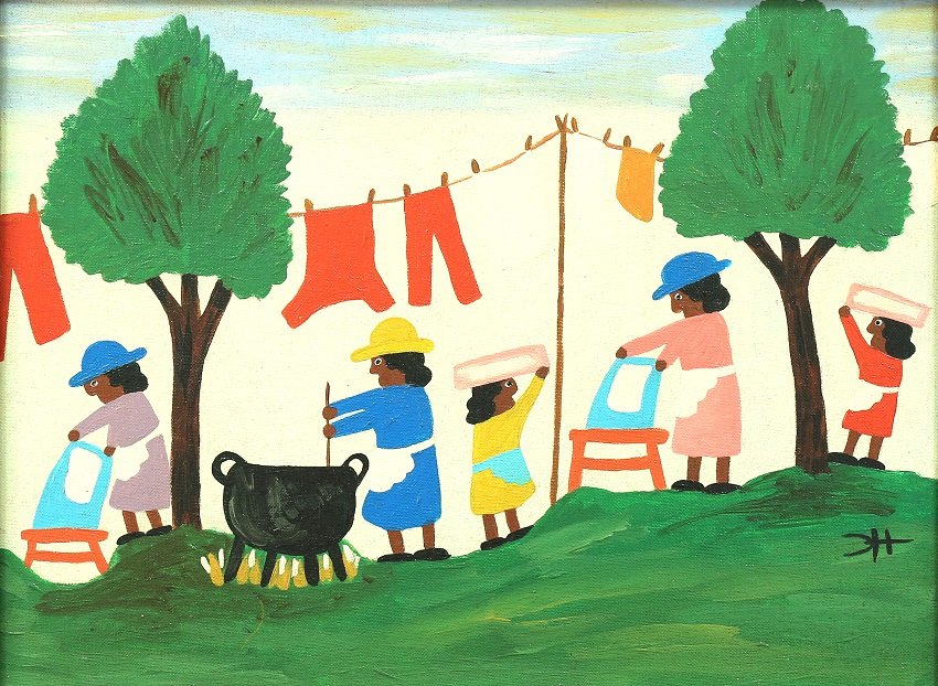 CLEMENTINE HUNTER AMERICAN 1886-1988: Laundry Women, oil on canvas board, 12 x 16 in (30.5 x 40.6 cm), signed lower right