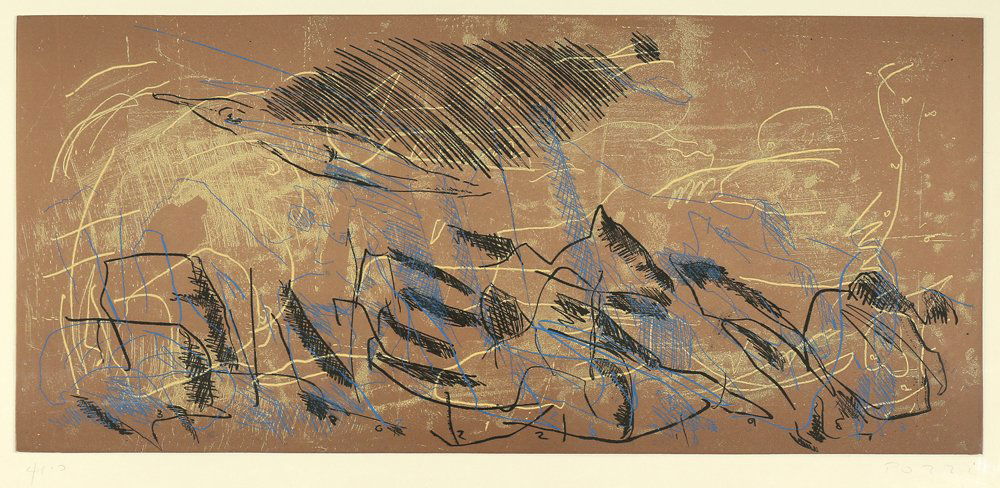 LUCIO POZZI ITALIAN/AMERICAN B1935: Bellavista Shelter From the Storm, etching, 17 3/4 in x 29 3/4 in (45 x 75.5 cm), pencil signed lower right, edition 4/10 Condition:All condition information is available by contacting Trinity at 860-