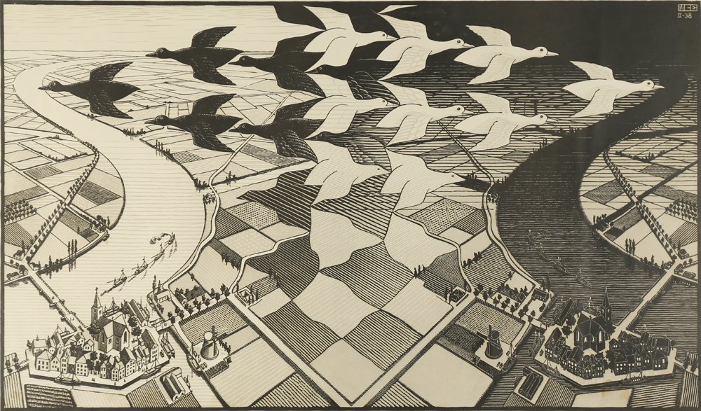 M.C. ESCHER DUTCH 1898-1972: Day and Night,print, 1938, printed from two blocks in black and grey, 18 x 31 in (45.7 x 78.7 cm) , initialed and dated 1938upper right Condition:All condition information is available by contacting T