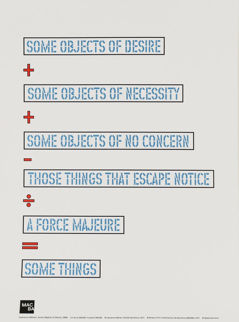 LAWRENCE WEINER AMERICAN B.1942: Some Objects of Desire, 2004, lithograph, 17 3/8 x 12 5/8 in (44 x 32 cm) Condition:All condition information is available by contacting Trinity at 860-677-9996 or email at info@tiauctions.com.