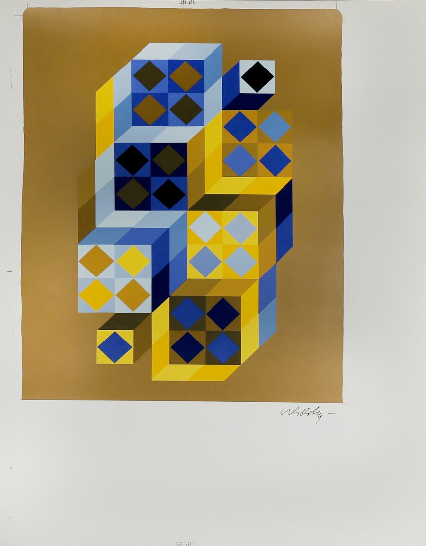 VICTOR VASARELY HUNGARIAN: Golden Optic, screenprint, 25 x 19 1/ 4 in (63.5 x 48.8 cm), signed lower right Condition:All condition information is available by contacting Trinity at 860-677-9996 or email at info@tiauctions.com.