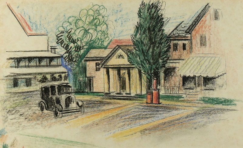 KONRAD CRAMER AMERICAN/GERMAN 1888-1963: Center of Town, crayon on paper, 9 3/4 x 16 in (24.7 x 40.6 cm), estate stamp verso, PROVENANCE: Property of a private collector in Woodstock, NY