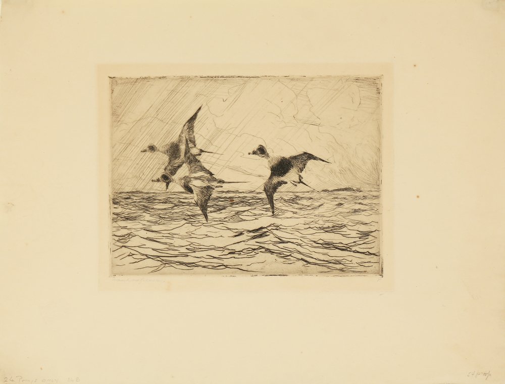 FRANK BENSON AMERICAN 1862-1951: Old Squaws, etching, image 5 3/4x 8 in (14.6 x 20.3 cm),, sheet size 11 1/4 x 141/2 (28.6 x 36.8 cm), pencil signed lower left, Artist Proof 8/24