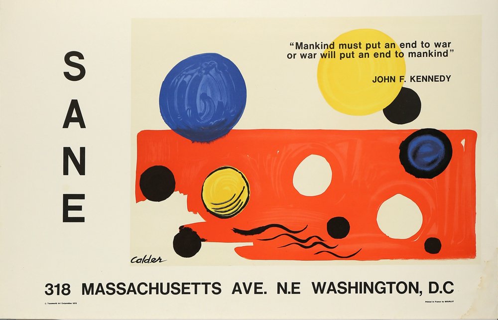 ALEXANDER CALDER EXHIBITION POSTERS: 2 Exhibition Posters (A) SANE Washington DC 1975 with JFK quote by Mourlot,France, color lithograph, 33 x 21 in (83.8 x 53.3 cm) (B) National Emergency Civil Liberties Committee, 1973, color lithograp
