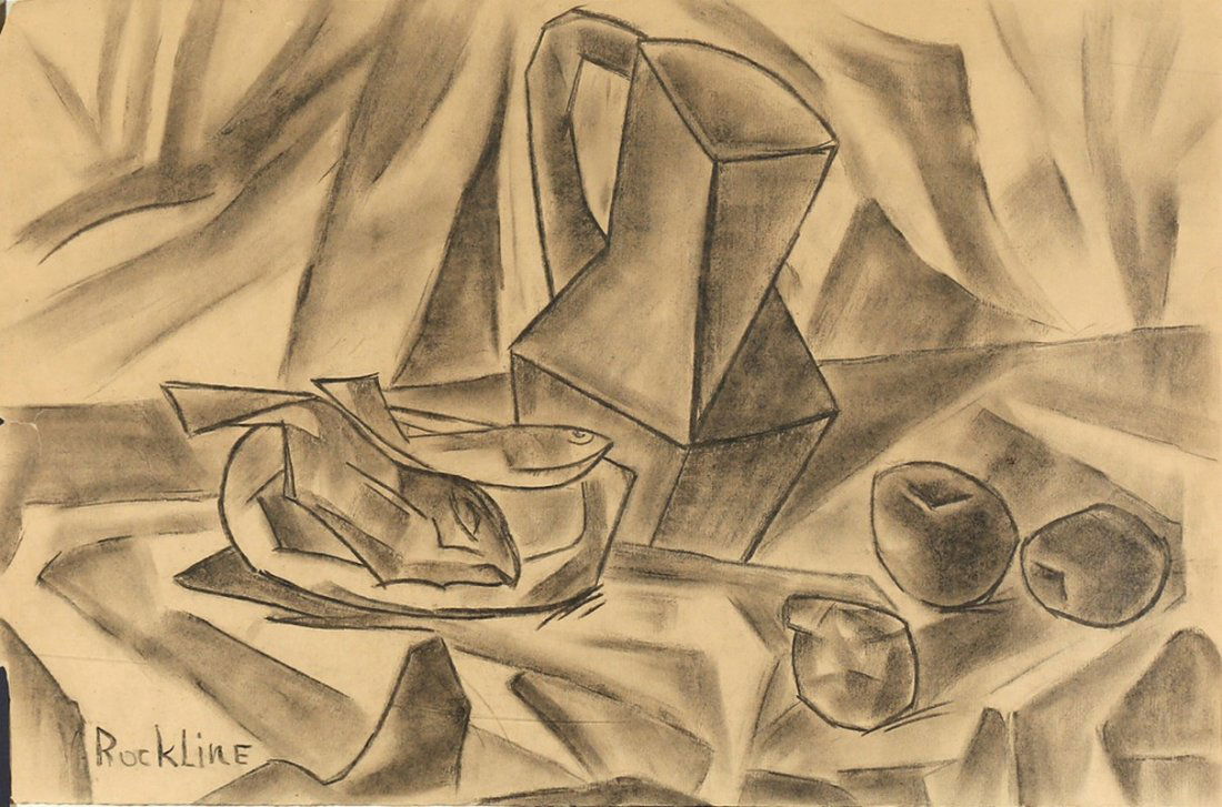 VERA SCHLESINGER ROCKLINE RUSSIAN/FRENCH 1896-1954: Still Life with Pitcher and Fruit, charcoal, 12 3/4 x 19 1/4 in (32.3 x 48.8 cm), signed lower left
