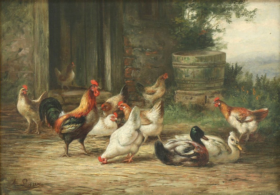AUGUST LAUX FRENCH/AMERICAN 1847-1921: Chickens and Ducks in a Farmyard, oil on canvas, 10 1/4 x 14 1/4 in (26 x 36.2 cm), signed lower left