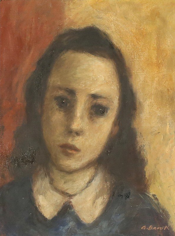 ALEXANDER BROOK AMERICAN 1898-1980: Portrait of a Young Girl, oil on canvas, 9 1/4 x 7 in (23.5 x 17.8 cm), signed lower right, PROVENANCE: Property of a private collector in Connecticut, VERSO NOTATION: This frame is made of antique mo
