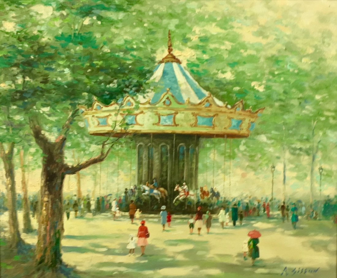 ANDRE GISSON AMERICAN 1921-2003: Carousel in the Park, oil on canvas, 20 x 24 in (50.8 x 60.9 cm), signed lower right