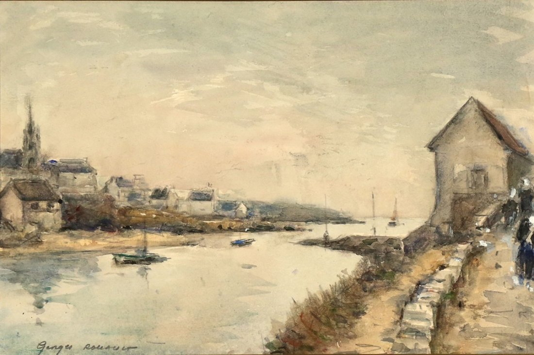 GEORGES DOMINIQUE ROUAULT FRENCH 1904-2002: A Fishing Village, watercolor, 11 x 16 1/4 in (27.9 x 41 cm), signed lower left