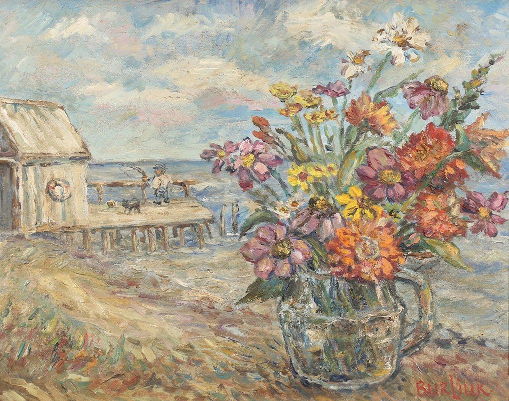 DAVID DAVIDOVICH BURLIUK RUSSIAN/AMERICAN 1882-196: Vase of Flowers on the Beach, oil on canvas, 16 x 20 in (40.6 x 50.8 cm), signed lower right