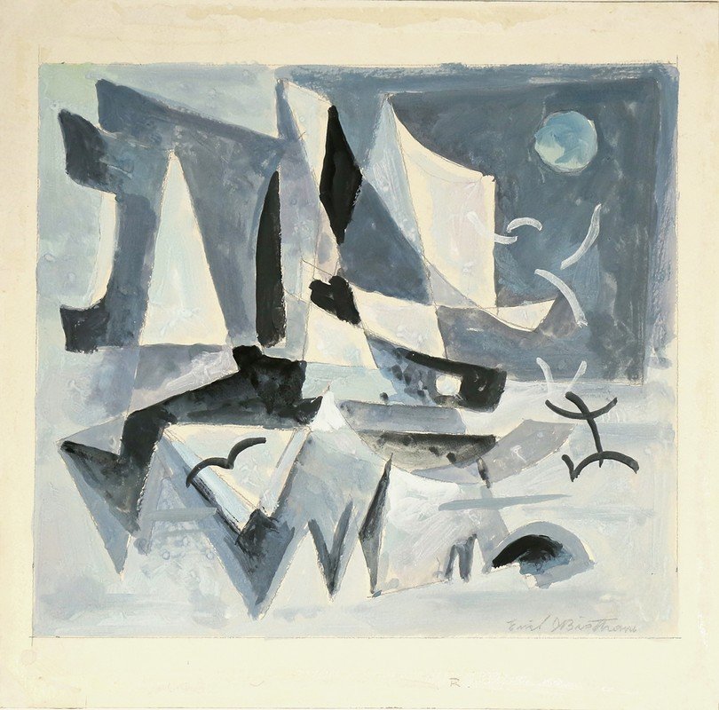 EMIL BISTTRAM AMERICAN 1895-1976: Sails at Night, gouache, 12 1/4 x 13 1/4 in (31.1 x 33.6 cm), signed lower right, PROVENANCE: From a private collectiion in Manhattan, NY