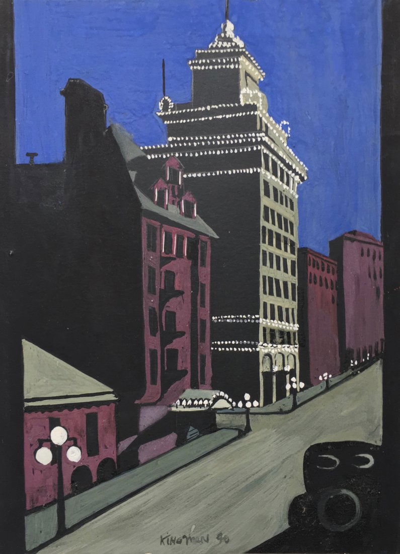 DONG KINGMAN CHINESE/AMERICAN 1911-2000: City at Night, gouache on cardboard, 8 7/8 x 6 7/8 in (22.5 x 17.5 cm), signed lower middle and dated 1940