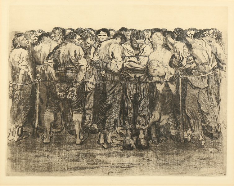 KATHE KOLLWITZ GERMAN 1867-1945: Die Gefangenen, 1928 (The Prisoners)- plate from the peasant revolt series, etching and drypoint, 12 3/4 x 16 1/2 in (32.3 x 41.9 cm), Berlin-Halensee- blind stamp lower right