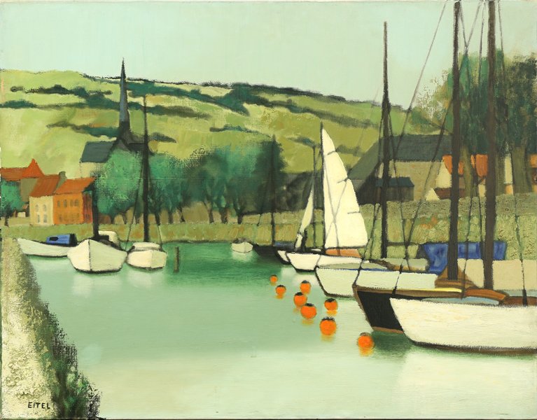 JACQUES EITEL FRENCH 1926-2006: Le Port Des Andelys, oil on canvas, 28 3/4 x 36 1/4 in (73 x 92.1 cm), signed lower left, titled on stretcher "Gal"