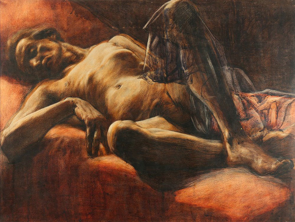 GRIGORY GLUCKMANN RUSSIAN/AMERICAN 1898-1973: Nude of a Man, mixed media (pastel & ink), 23 x 30 in (58.4 x 76.2 cm), PROVENANCE: Richard Gluckmann, nephew of the artist to the Papillon Gallery, Los Angeles, CA to Dalzell Hatfield Gallery, Los An