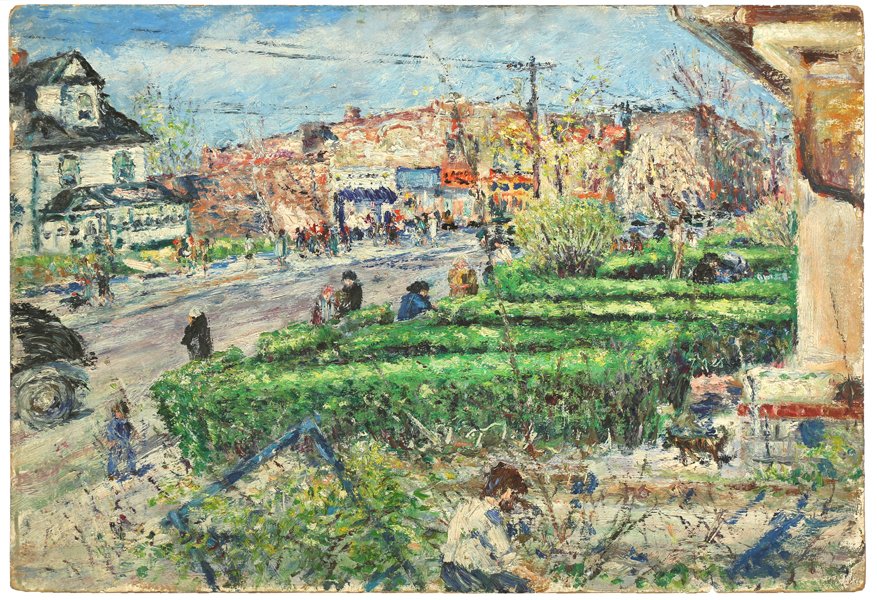 SAMUEL ROTHBORT AMERICAN 1882-1971: Avenue S Brooklyn,oil on board, 31 x 30 in (53.3 x 76.2 cm), estate stamp verso, PROVENANCE: From the collection of the artist's granddaughter, NYC.