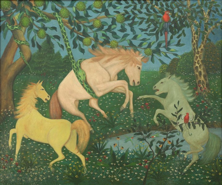 LAWRENCE LEBDUSKA AMERICAN 1894-1966: Horses (1937), oil on canvas, 33 1/2 x 39 1/2 in (85 x 100.3 cm), signed lower left, Christies NYC label verso, Private collection, N.Y.