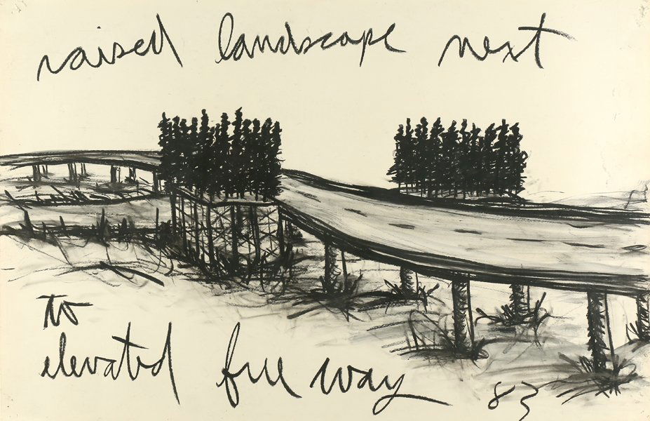 KATE ERICSON AND MEL ZIEGLER (AMERICAN 20TH CENTURY): Raised Landscape Next to Elevated Freeway (joint collaboration), mixed media (crayon and pastel), 22 1/2 x 34 3/4 in (57.1 x 88.2 cm), Michael Klein Inc. Gallery label Broadway, NYC. verso
