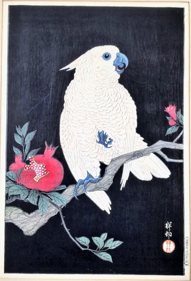 OHARA KOSON JAPANESE 1877-1945: Cockatoo and Pomegranate, woodblock on paper , 10 1/4 x 15 1/4 in (26 x 38.7 cm), signed lower right, hand work of print noted verso on image
