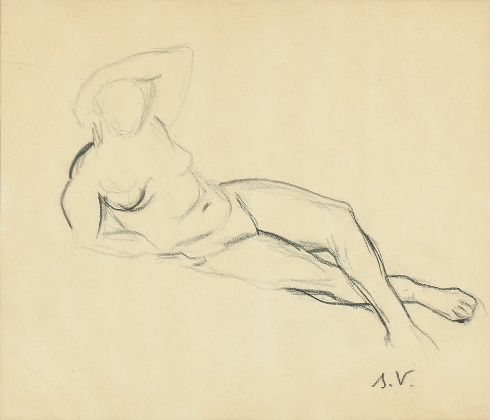 SUZANNE VALADON FRENCH 1865-1938: Reclining Nude, charcoal, 7 1/2 x 8 7/10, (19 x 22 cm), initaled lower right, PROVENANCE: From the collection of Maulaz Firmado to Fernando Duran Gallery, Madrid to collection of Marvin LeBof and Arth