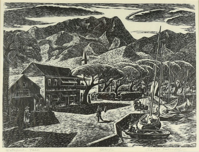 CHARLES SURENDORF AMERICAN 1906-1979: Waterfront Tahiti, lino-cut, 9 3/4 x 13 in (24.7 x 33 cm), pencil signed lower right, from an edition of 100
