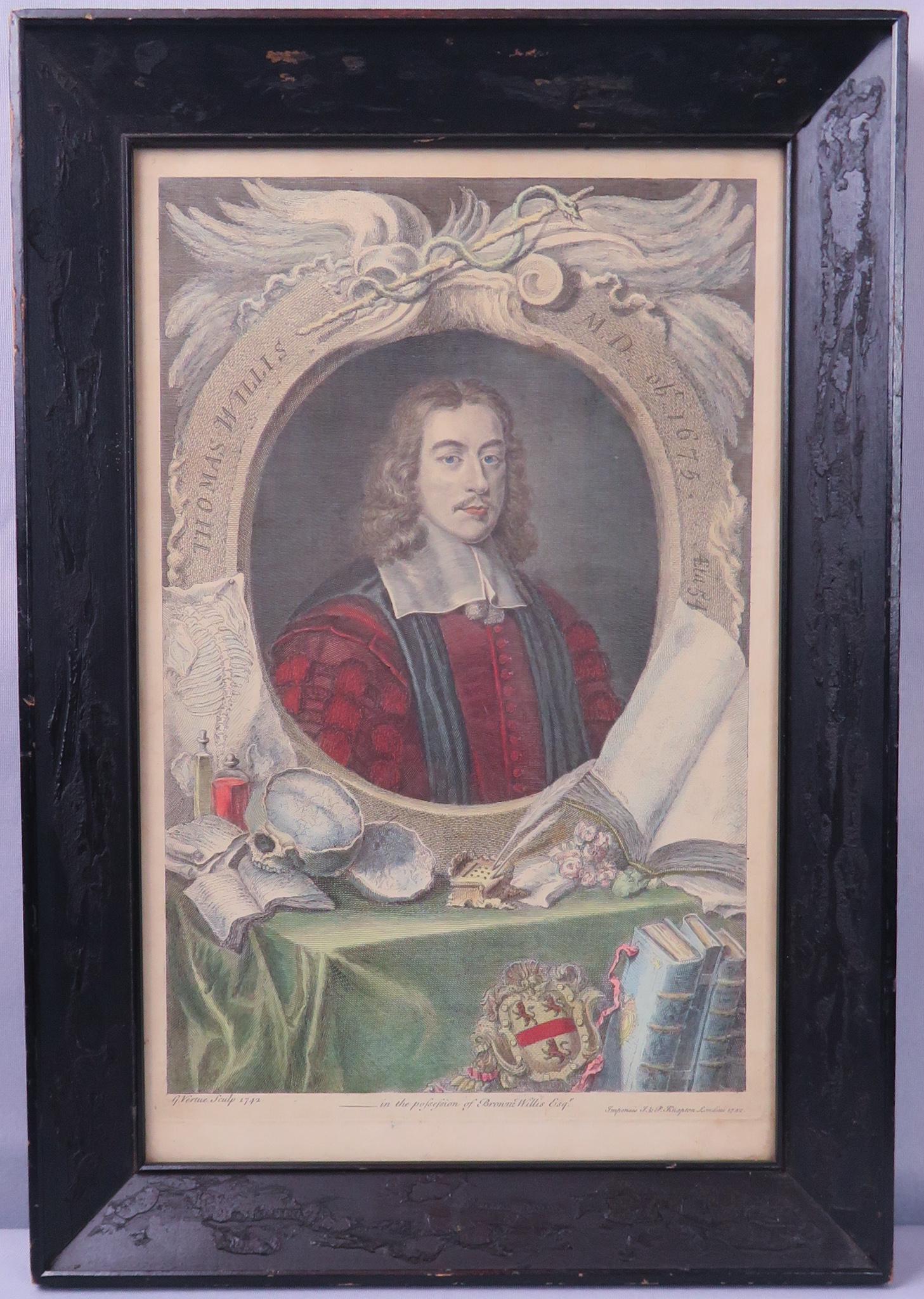 1742 Thomas Willis Portrait Engraving Vertue Knapton: Subject: Thomas Willis, Physician Engraver: George Vertue after David Loggan Publisher: John & Paul Knapton Year of Publish: 1742 Image Type: Colored Line Engraving Engraving Image Dimensions (not inc