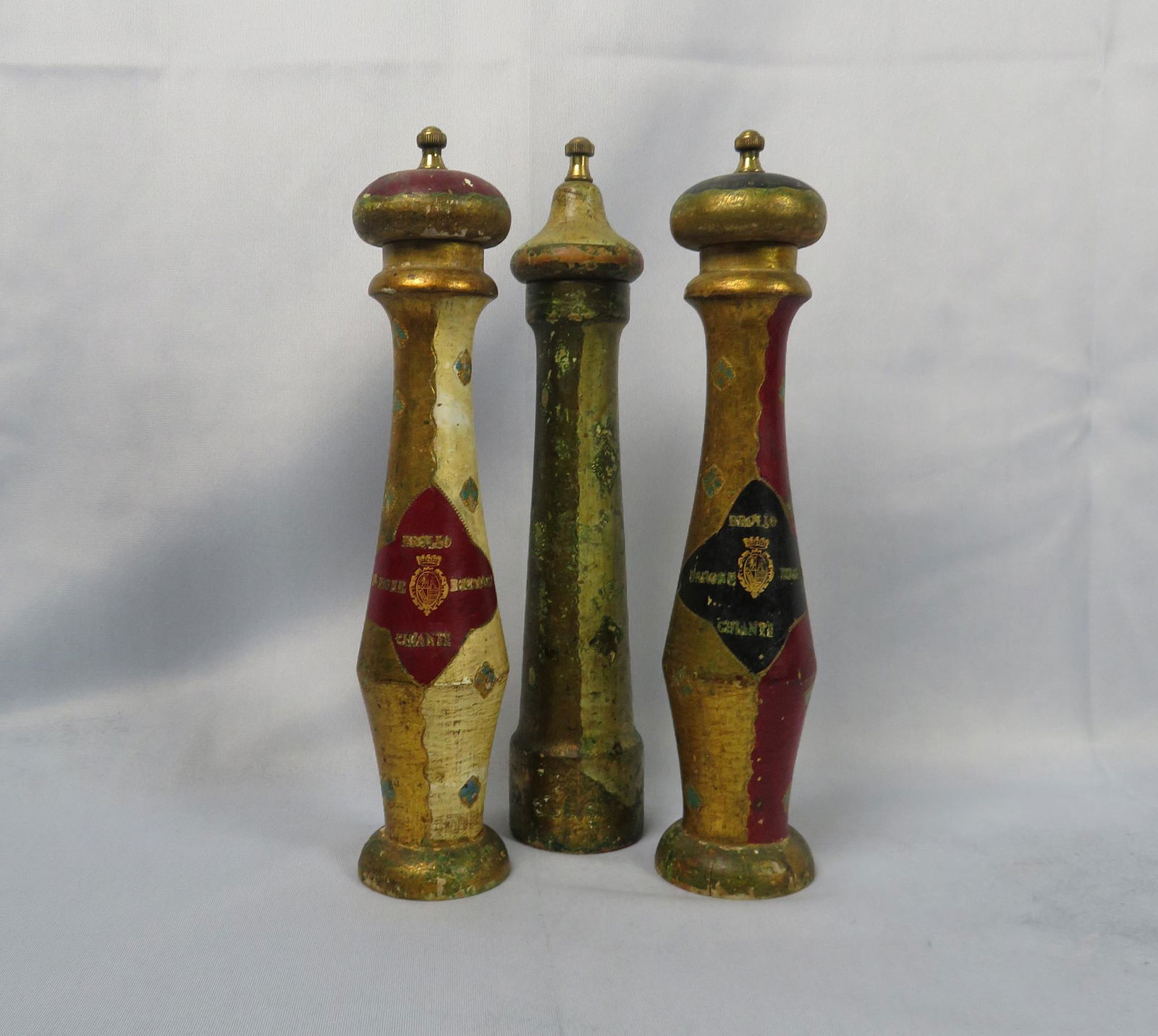 (3) Italian Florentine Oversized Pepper Mill Grinders: For your consideration are (3) vintage Florentine painted wood pepper mills c. 1960. The pepper mills are about 12 1/2" in height and the grinder hardware on the bottom of each mill is marked "Made in