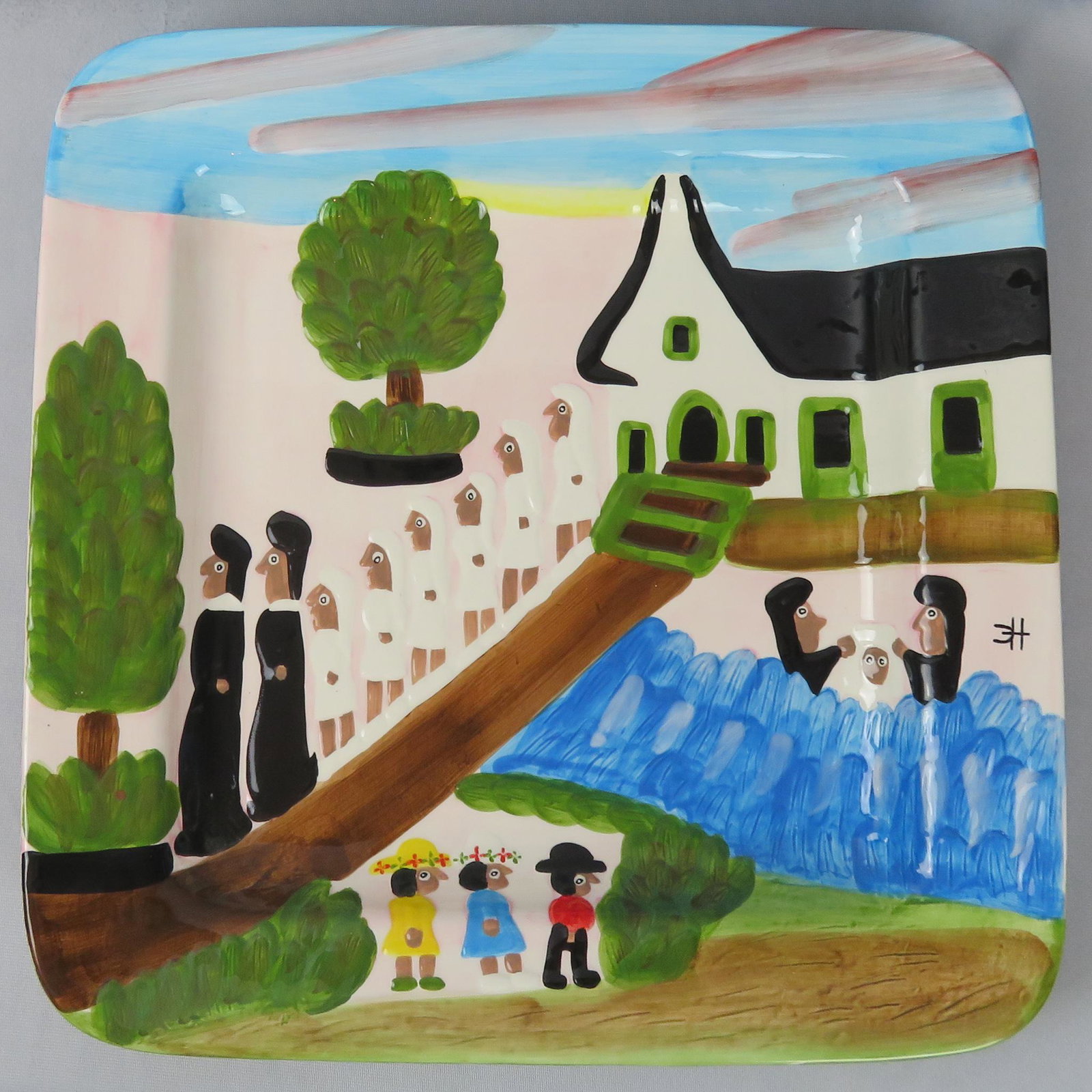 16" Clementine Hunter Baptism on Cane River Platter: Artist: Clementine Hunter (1886-1988) Title of Original Work: "Baptism on Cane River" Material: Hand-Painted & Fired Ceramic Dimensions: 16" square ; 2 1/8"(h) Weight: 5 lbs. 9 oz. For your considerat