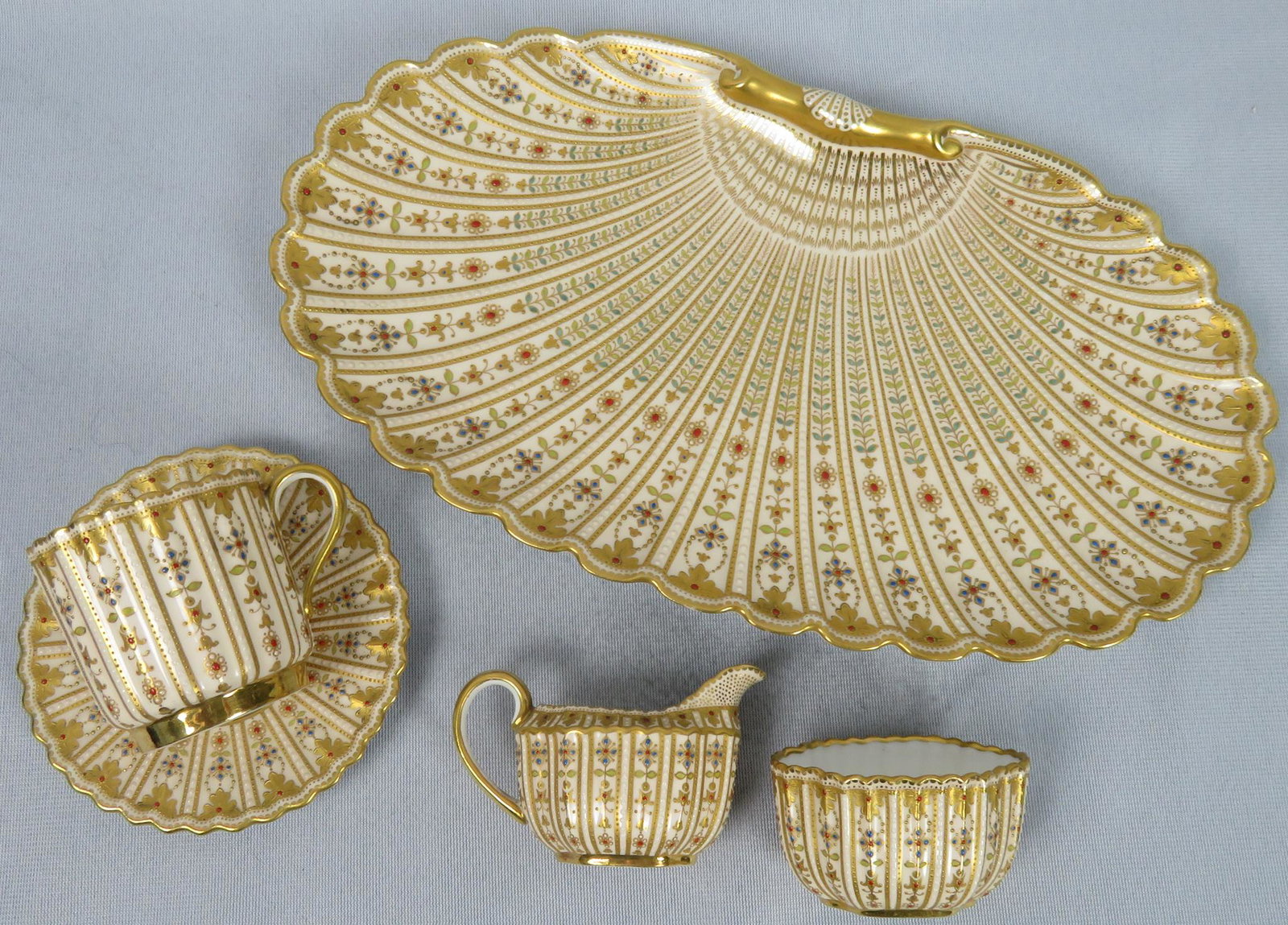 c1880 Copeland Spode Jeweled Demitasse Luncheon Set: Maker: Copeland Spode Location of Manufacture: Stoke-on-Trent, England Period of Manufacture: 1875-1890 Dimensions of Tray: 10 7/8"(w) x 5 7/8"(d) x 1"(h) Dimensions of Sugar Bowl: 2 1/2"(w) x 1 7/8"(